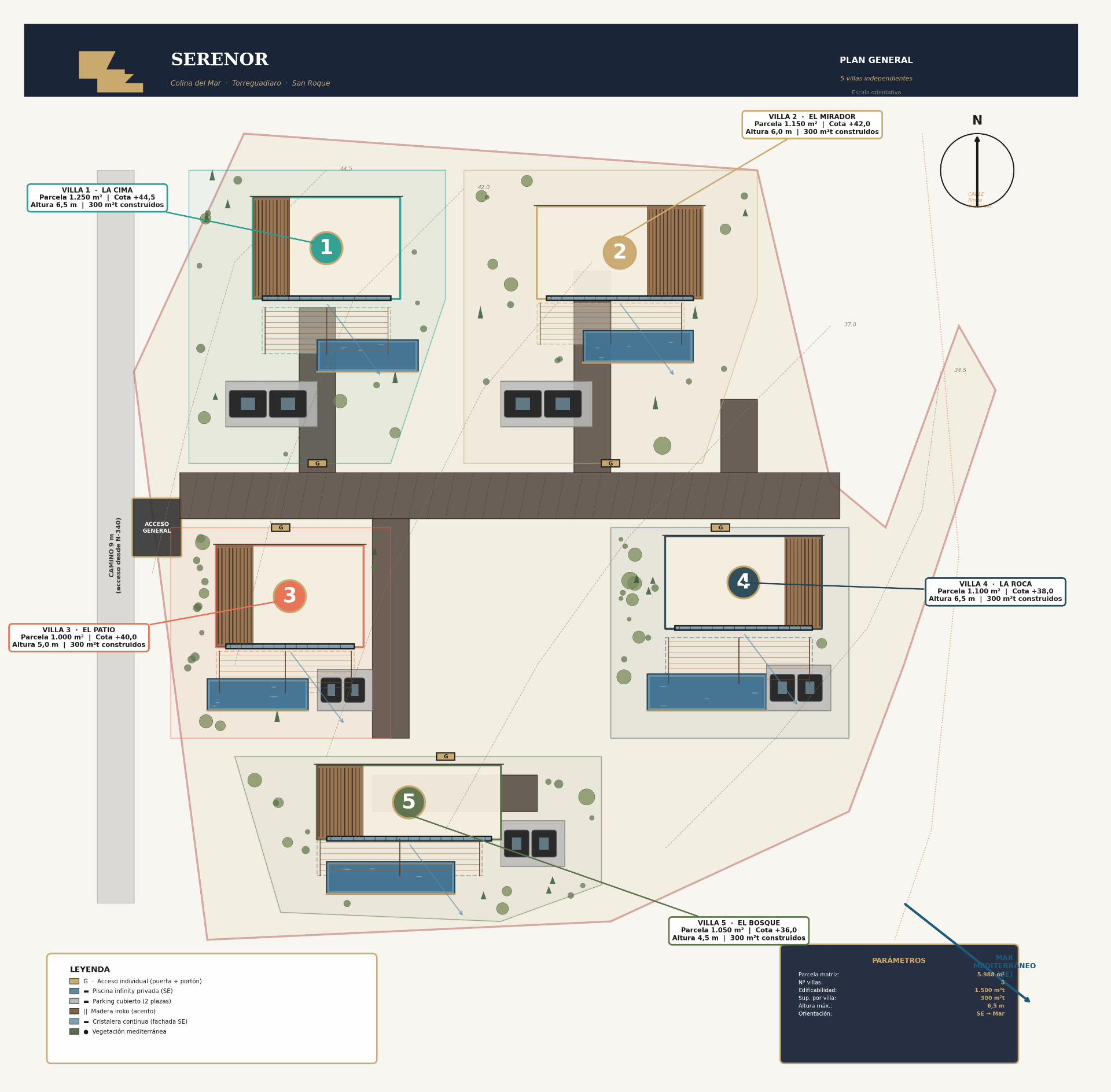 Plano general de la promoción Serenor con la distribución de las 5 villas